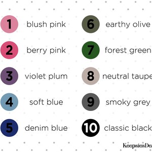 May include: A color chart featuring ten numbered circles with corresponding color names: 1 blush pink, 2 berry pink, 3 violet plum, 4 soft blue, 5 denim blue, 6 earthy olive, 7 forest green, 8 neutral taupe, 9 smoky grey, and 10 classic black.