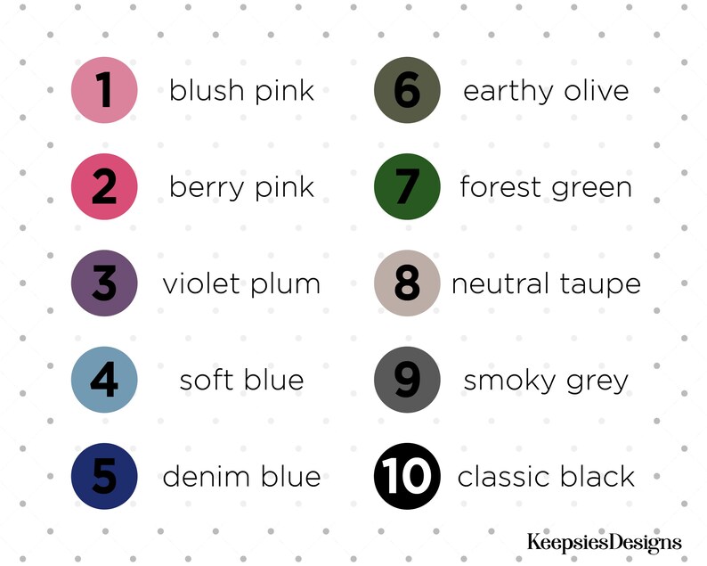 May include: A color chart featuring ten numbered circles with corresponding color names: 1 blush pink, 2 berry pink, 3 violet plum, 4 soft blue, 5 denim blue, 6 earthy olive, 7 forest green, 8 neutral taupe, 9 smoky grey, and 10 classic black.