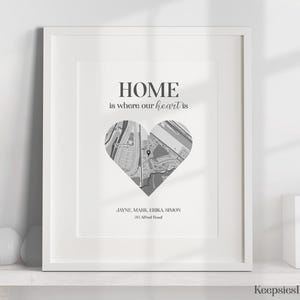 Pode incluir: Impress&atilde;o emoldurada em preto e branco com o texto "HOME is where our heart is". Um mapa em forma de cora&ccedil;&atilde;o est&aacute; centralizado abaixo do texto. Os nomes Jayne, Mark, Erika e Simon est&atilde;o listados abaixo do mapa, juntamente com um endere&ccedil;o.
