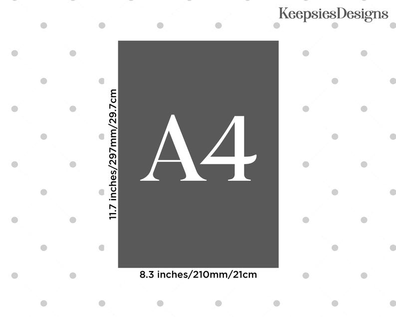 May include: A dark grey rectangular A4 paper sheet featuring the text A4 in the centre. The dimensions are clearly labelled as 297mm by 210mm. The brand name KeepsiesDesigns is printed in the top right corner on a white background with grey polka dots.