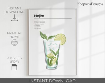 Mojito Cocktail Print, Kitchen Wall Art, Cocktail Recipe Poster, Bar Cart Decor, Printable Wall Art, Mixology Gift, Instant Download