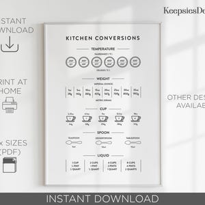 May include: A white kitchen conversions print with black text, including temperature, weight, cup, spoon, and liquid measurements. The print also includes the text "Instant Download", "Print at Home", and "3 x Sizes (PDF)".