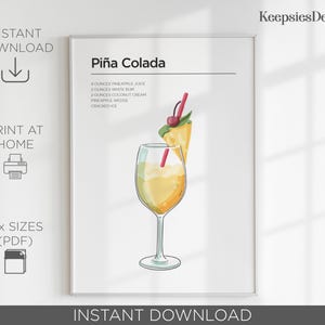 Pina Colada Cocktail Print, Wandkunst für Küche, Cocktail-Rezept Poster, Bar Warenkorb Dekor, druckbare Wandkunst, Mixology Geschenk, Sofort Download