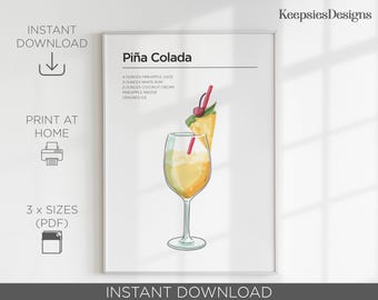 Pina Colada Cocktail Print, Kitchen Wall Art, Cocktail Recipe Poster, Bar Cart Decor, Printable Wall Art, Mixology Gift, Instant Download