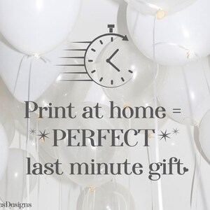 May include: A collection of white balloons with a dark gray graphic of a clock and the text: Print at home = *PERFECT* last minute gift. The text KeepsiesDesigns is visible in the bottom left corner against the white balloon background.