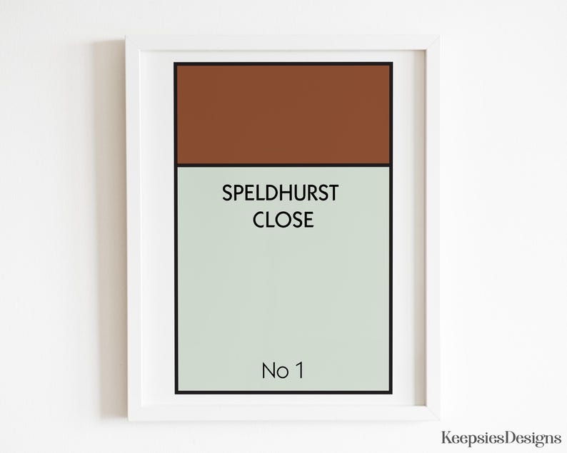 May include: A framed rectangular wall art print featuring a brown horizontal block at the top and a light sage green block below. The text SPELDHURST CLOSE is printed in black in the centre, with No 1 printed in black at the bottom of the print.