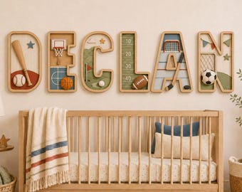 Personalized Sports Name Sign for Boys Room, 3D Letters For Child Room Custom Wooden Nursery Wall Letters,Baseball Basketball Football Decor