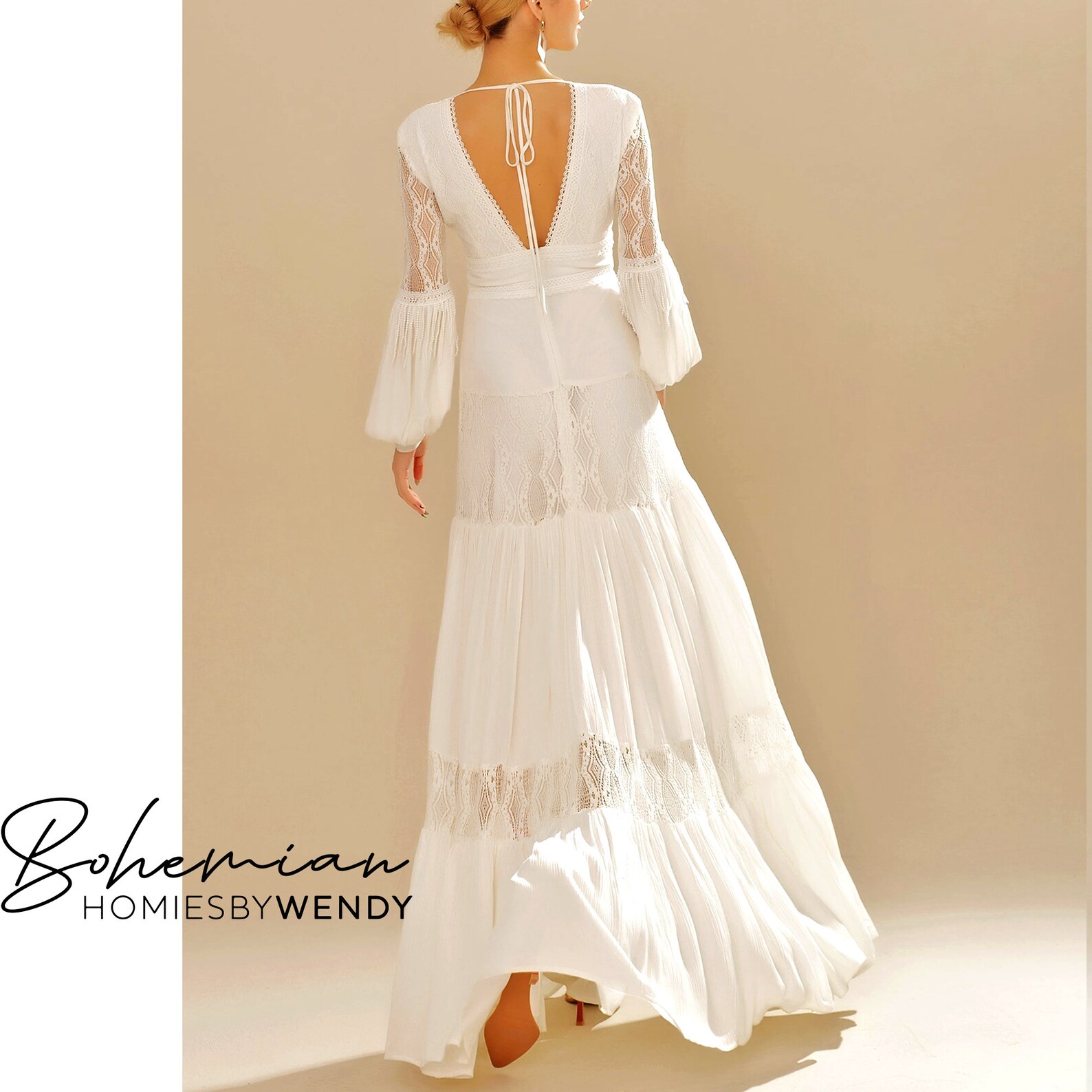 White boho maxi dress Puffy lace long sleeve maxi bohemian Etsy