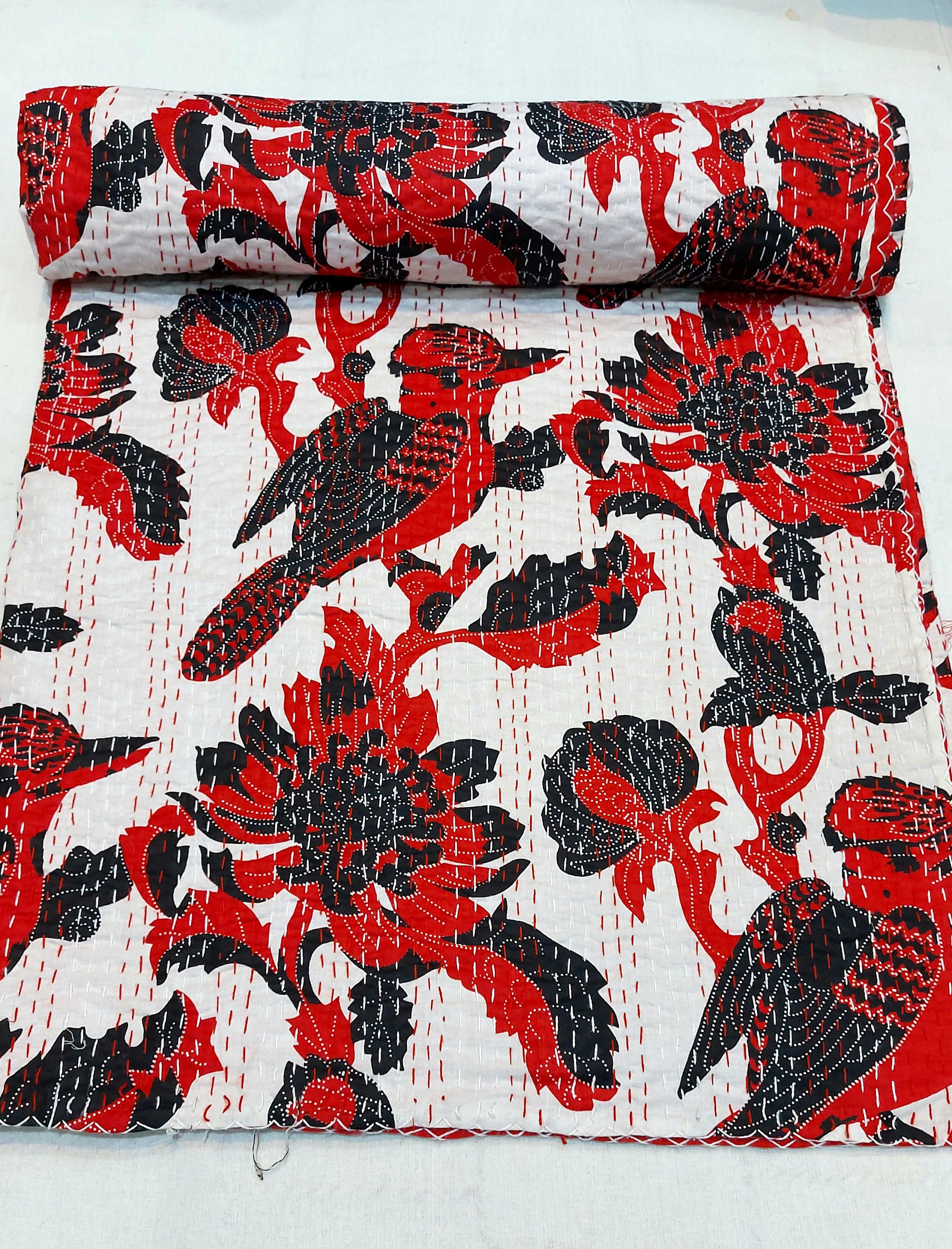 Indian Handmade Bird Print Kantha quilt Queen Size 90108 Etsy