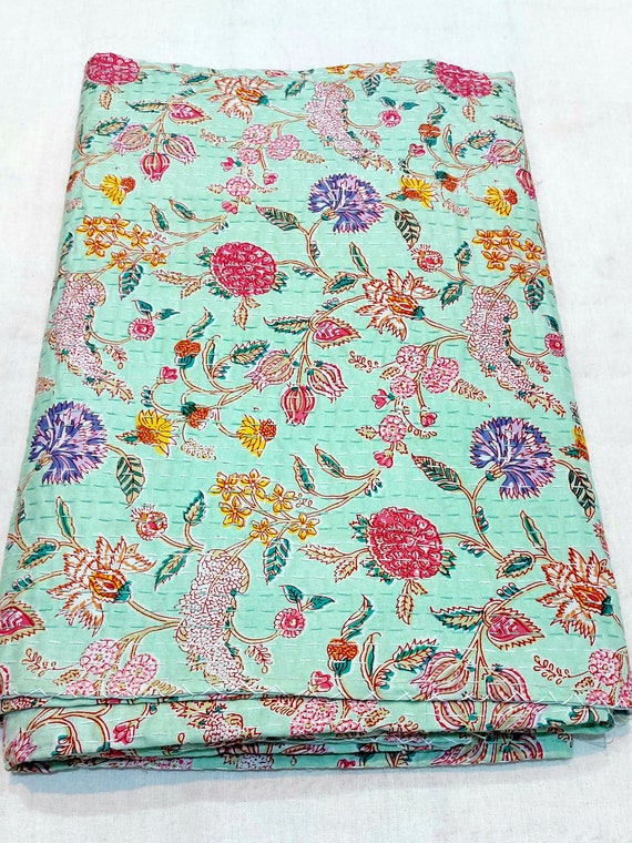 Indian Handmade Floral Print Handstitched Kantha Quilt Queen | Etsy