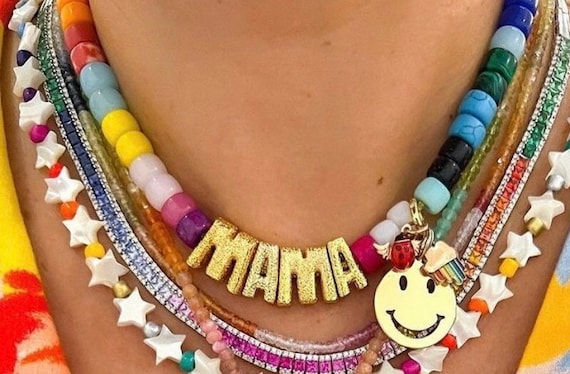 Gold Mama Necklace Rainbow Mama Forte Bead Luxury Gemstone Necklace Semi Precious Stones Jewellery 14k Gold Letters Gold Charms Etsy