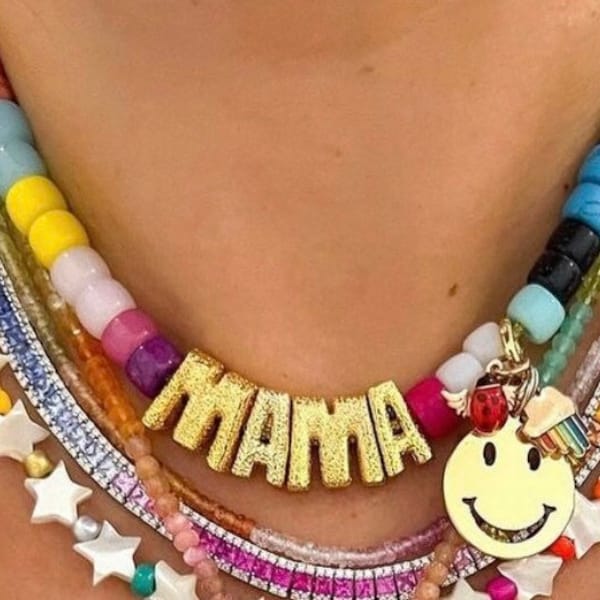 Gold Mama Necklace Rainbow Mama forte bead luxury gemstone necklace Semi Precious stones Jewellery 14k gold letters gold charms