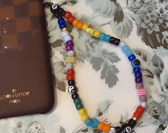 Personalised beaded phone charm mobile strap, phone bracelet wristlet Phone strap magic eightball, evil eye bracelet