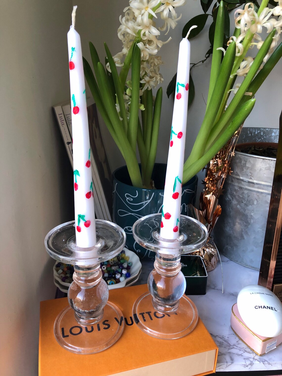 Hand Painted White Soy Wax Taper Candles With Red Cherry Etsy