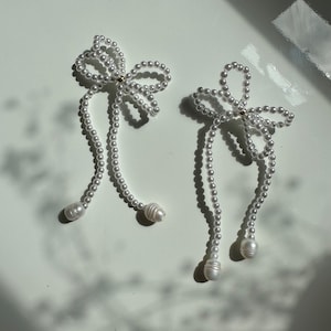 Freshwater pearl bow dangle drop earrings coquette pearl earrings