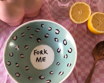 Hand painted sage neutral porcelain food bowls personalised fun custom made pudding lemon leopard design, gift pretty table decor