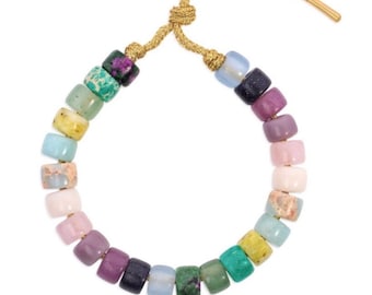 Multi Coloured Forte Bead Gemstone Pony Bracelet Hand Tie gold tip Cord rainbow jewellery