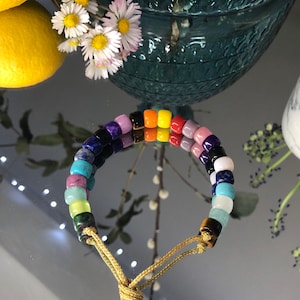 Rainbow coloured Forte Bead  Gemstone Bracelet semi precious stone pony beads on Hand Tie gold silver Cord
