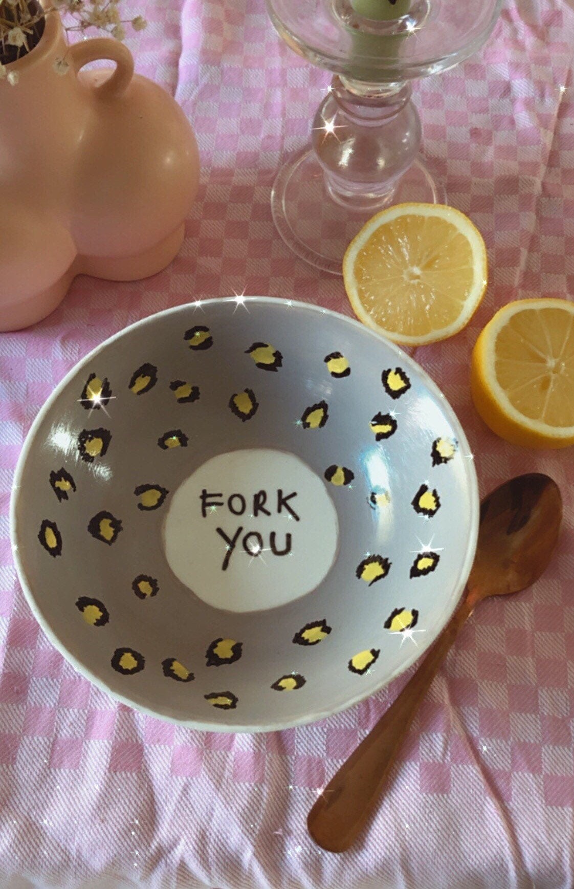 Hand painted beige neutral porcelain food bowls personalised fun custom made pudding lemon leopard design, gift pretty table decor