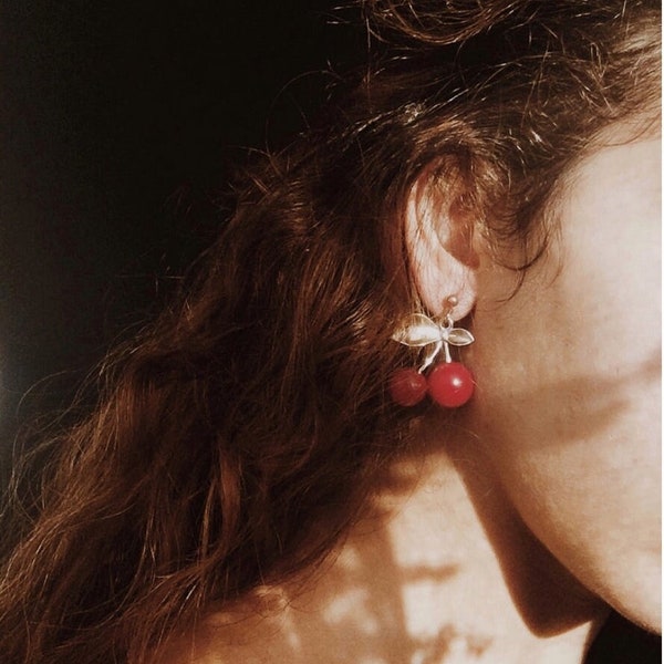 Red & Gold Cherry Sezane Earrings Dangling Drop Hoops