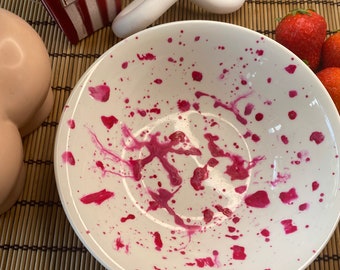 Splatter hot pink ink Handmade ornamental porcelain cereal fruit bowl serving dish sushi poke homeware housewarming gift