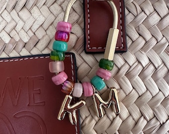 Gold balloon letter glass gemstone bag charm brass key ring personalised initials with semi precious & glass beads