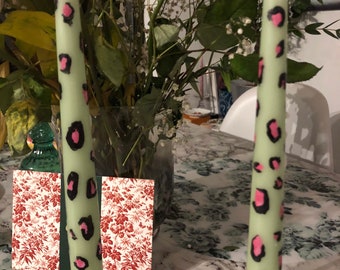 Hand painted sage green soy wax taper candles with pink leopard design dinner candles birthday, wedding, gift pretty table decor