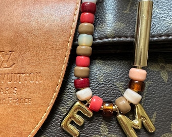 Gold balloon letter glass gemstone XL brass bag charm brass key ring personalised bag charm gold initials with semi precious & glass beads