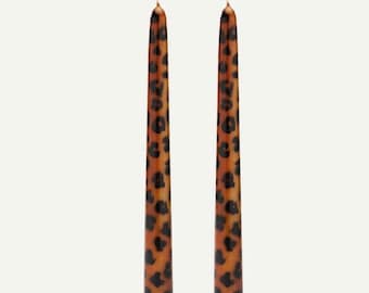 Leopard candles set of three Hand painted brown & black soy wax taper candles dinner candles birthday, wedding decor candle gift