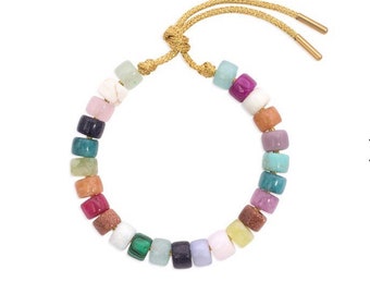 Multi-Colored Gemstone Bead Bracelet: Hand-Tied Cord, Gold Accents