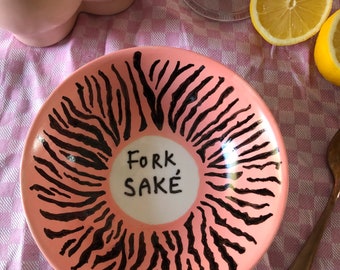 Hand painted salmon pink porcelain Sake Japanese food bowls personalised fun custom made pudding tiger print design, gift pretty table decor