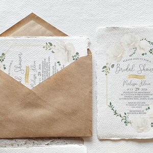 Invitaciones para despedida de soltera, 4 x 6, florales, lámina de oro falso, geométricas, flores blancas, papel de cartulina