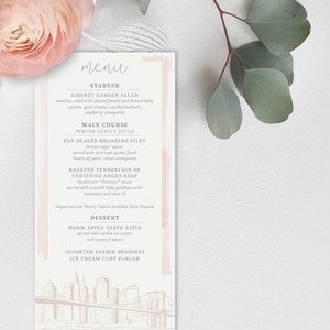 Menú de boda con paisaje urbano, tarjeta de menú, 4 x 8, cartulina, comida para boda