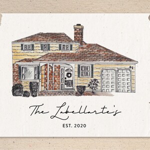 May include: A watercolour illustration of a yellow house with a brown roof and a brick facade. The house has a garage door, a front door with a wreath, and a small yard with bushes. The text "The Labellaarte's EST. 2020" is written below the house.