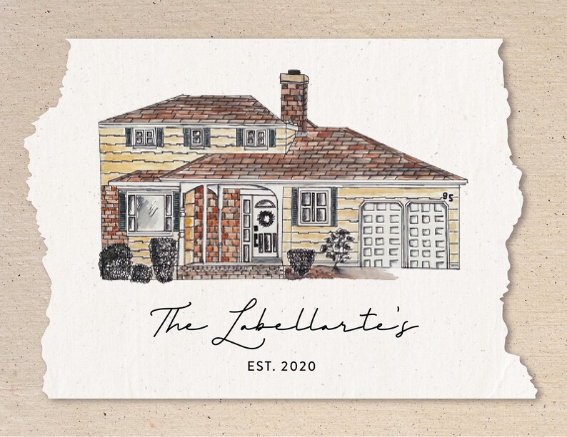 May include: A watercolour illustration of a yellow house with a brown roof and a brick facade. The house has a garage door, a front door with a wreath, and a small yard with bushes. The text "The Labellaarte's EST. 2020" is written below the house.