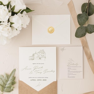 Suite de invitación de boda con retrato de lugar y tarjeta de detalles, invitación minimalista, invitación de boda personalizada