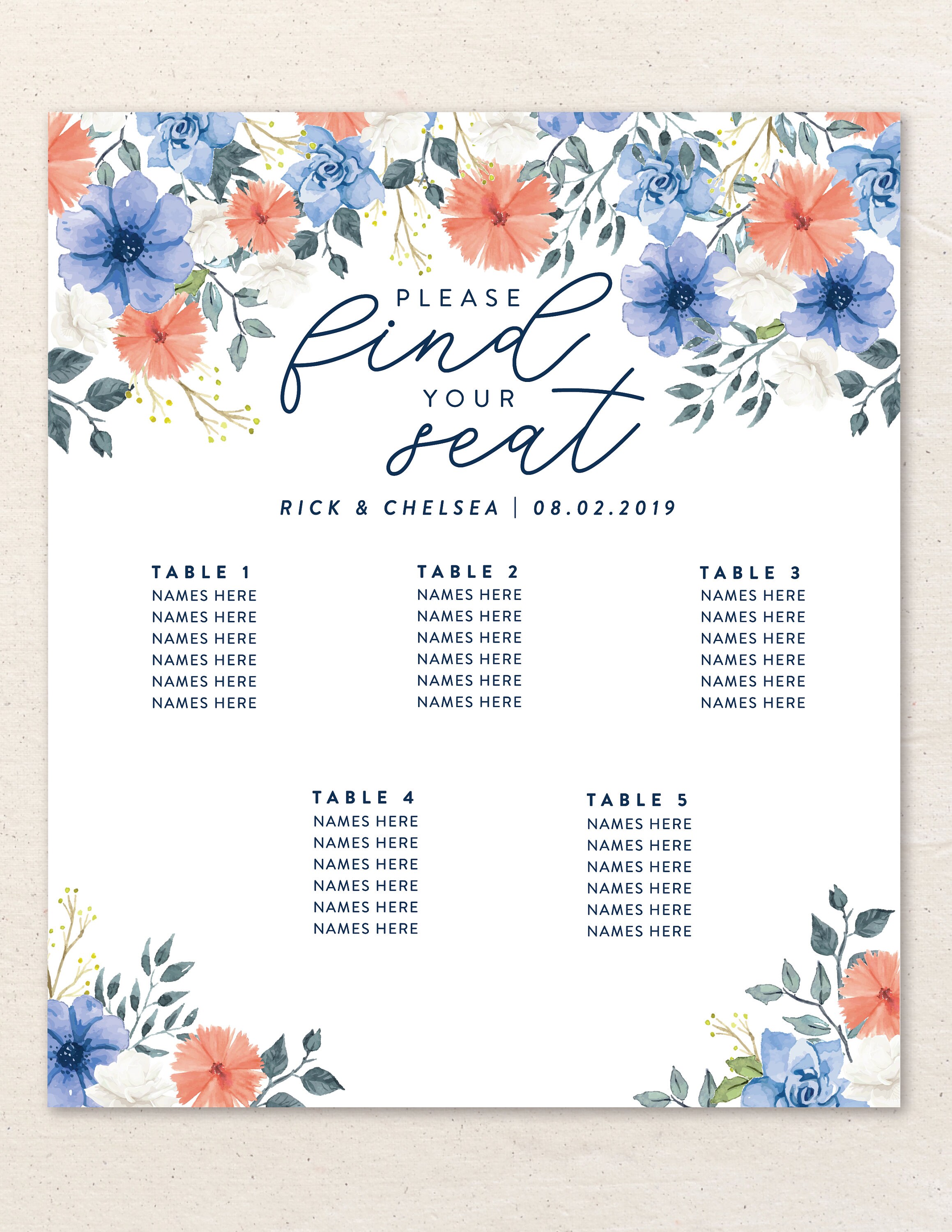 Table Assignment Display Poster Table Assignment Chart Blue Etsy