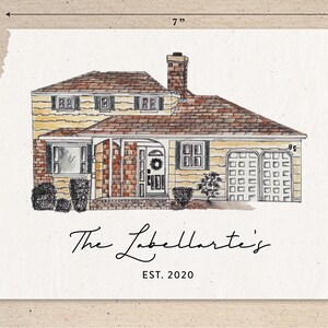 May include: A watercolour illustration of a yellow house with a brown roof, a brick facade, and a garage. The house has a wreath on the front door and a sign that says "95". The text "The Labellaertes' EST. 2020" is below the house.