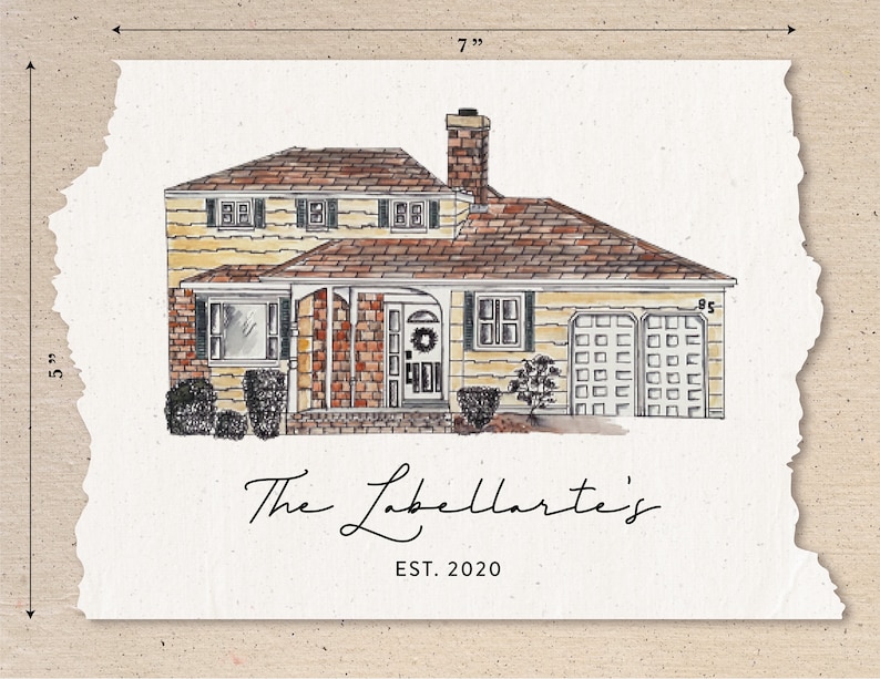 May include: A watercolour illustration of a yellow house with a brown roof, a brick facade, and a garage. The house has a wreath on the front door and a sign that says "95". The text "The Labellaertes' EST. 2020" is below the house.