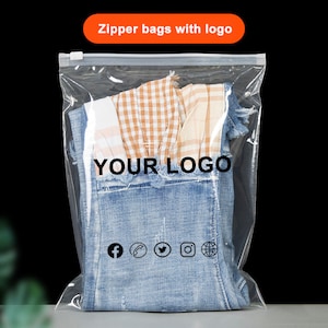 Borse con cerniera trasparente personalizzate con logo stampato,Borse da imballaggio per abbigliamento,Borse di plastica riciclabili per piccole imprese,Borse con chiusura a zip personalizzate
