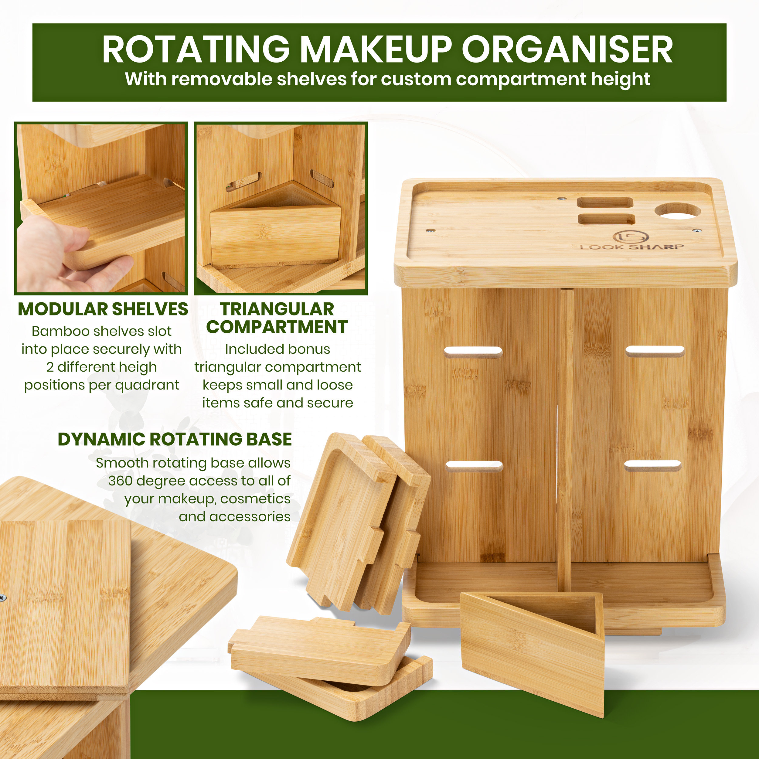 Organisateur De Maquillage Rotatif En Bambou – 360° De Rangement, Compartiments Multiples, Couleur Beige