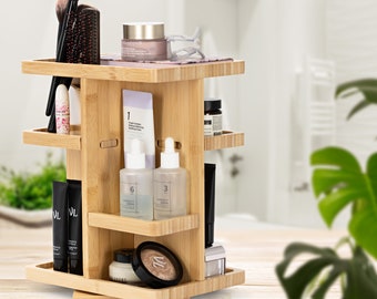 Rotating Bamboo Makeup Organiser for Cosmetics – Bathroom Organiser – Adjustable Shelve Height - Large 360 Degree Non-Tilt Base