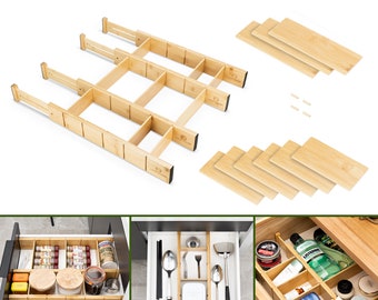 Drawer Dividers 100% Bamboo – Drawer Organiser Adjustable - Multi-Purpose for Kitchen, Bathroom, Bedroom, Office - Customise to Suit You