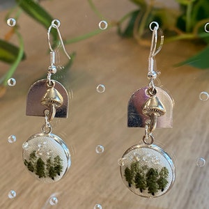 Forest Embroidered Earrings with Mushroom Charms