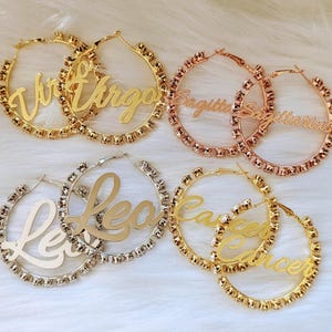 Zodiac Sign Hoop Earrings, Rhinestone Astrology Jewelry, Horoscope Birthday Gift, Star Sign Hoop Earrings, Bling Zodiac Earrings