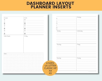 Weekly Dashboard Planner Inserts | Weekly Planner Pages | Minimal Weekly Layout | Planner Printable PDF | US letter Classic HP A4 A5