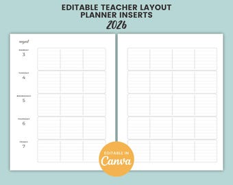 Modèles modifiables pour agenda enseignant, planificateur de cours hebdomadaire, modèle Canva, emploi du temps imprimable, pages de planification de classe