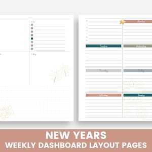 Pode incluir: Layout de duas páginas de um painel semanal de Ano Novo. A página esquerda tem seções para eventos, listas de tarefas e notas. A página direita é um planejador semanal com dias da semana e um gráfico de estrela. O texto na parte inferior diz "NEW YEARS WEEKLY DASHBOARD LAYOUT PAGES."