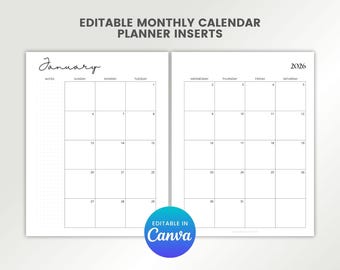 Editable Monthly Calendar Printable, Canva Planner Inserts, 2 Page Monthly Layout, Dotted Lined Grid Notes, Undated Calendar Pages
