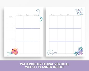 Watercolor Floral Weekly Planner Printable, Vertical Planner Inserts, Weekly Layout, Notes Section, Minimalist Floral Planner Page